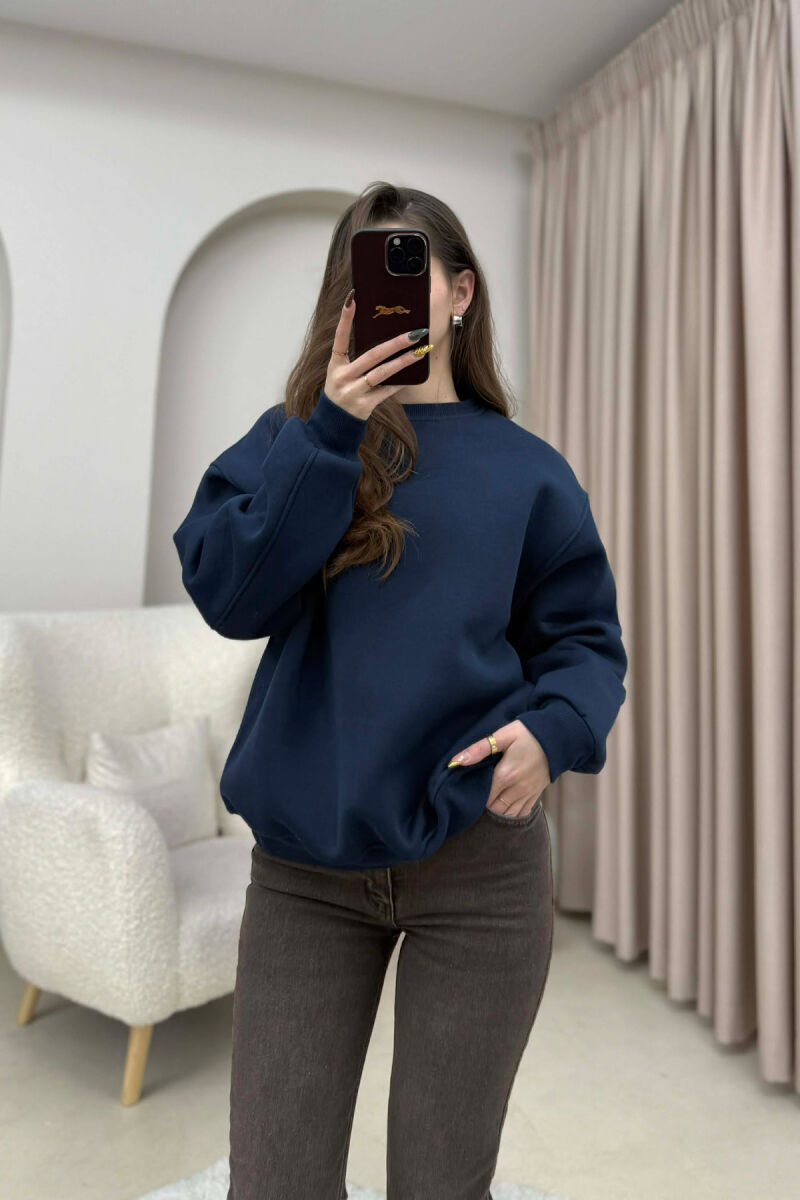 ONE COLOR FLUFFY WOMEN SWEATSHIRT DARK BLUE/BEE - 1