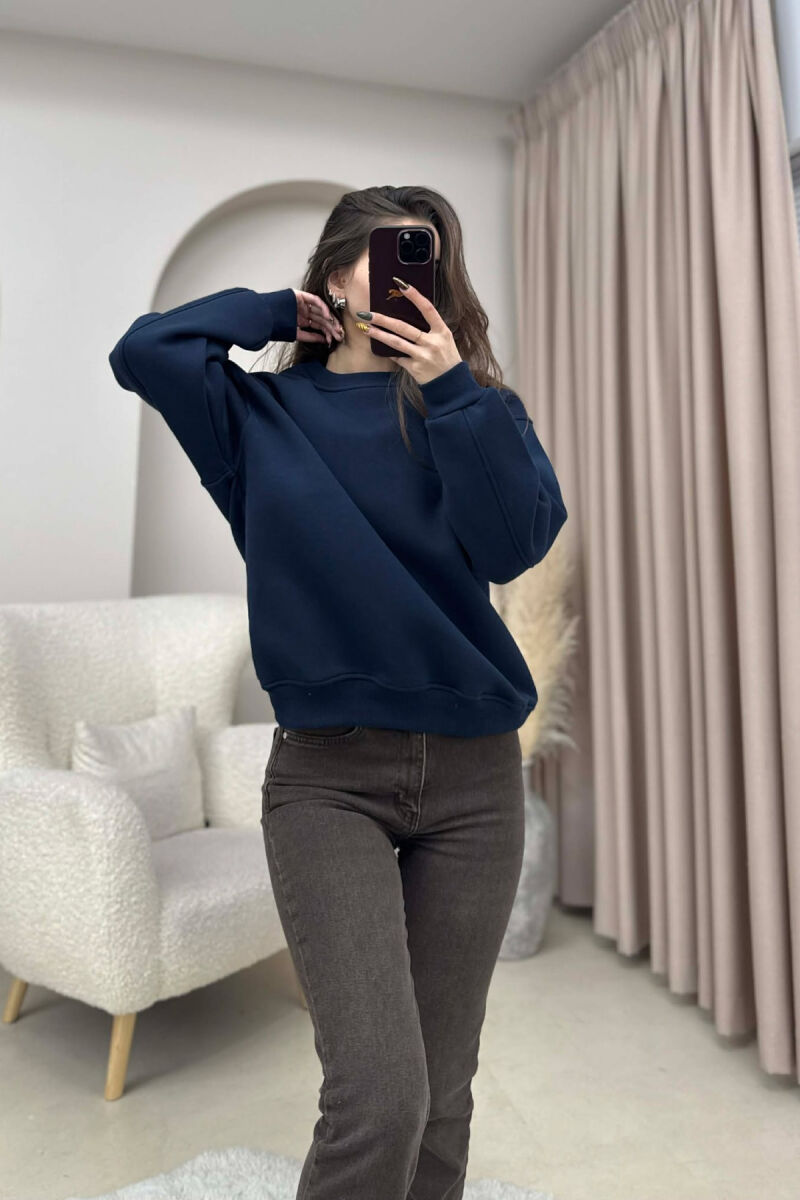 ONE COLOR FLUFFY WOMEN SWEATSHIRT DARK BLUE/BEE - 2