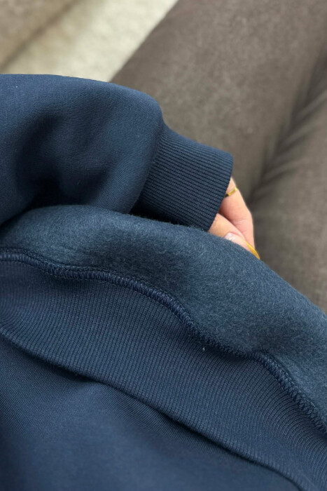 ONE COLOR FLUFFY WOMEN SWEATSHIRT DARK BLUE/BEE - 3