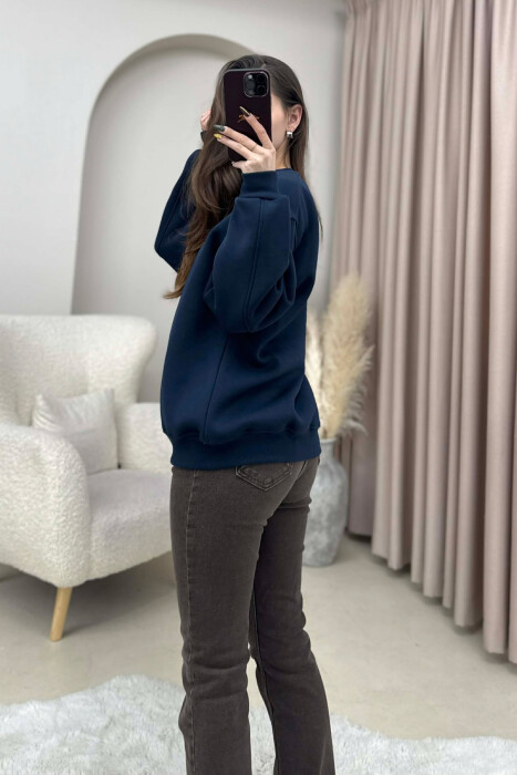 ONE COLOR FLUFFY WOMEN SWEATSHIRT DARK BLUE/BEE - 4