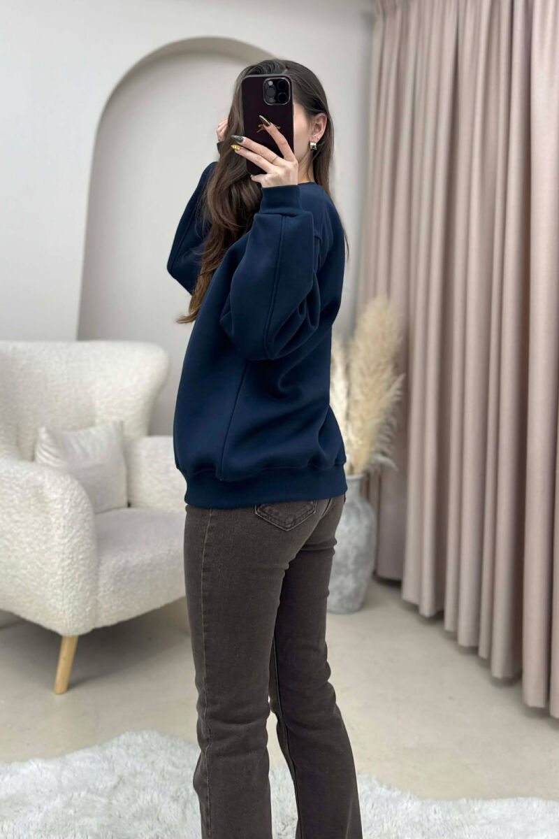 ONE COLOR FLUFFY WOMEN SWEATSHIRT DARK BLUE/BEE - 4