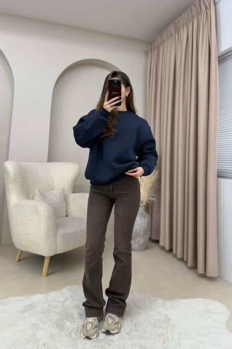 ONE COLOR FLUFFY WOMEN SWEATSHIRT DARK BLUE/BEE - 5