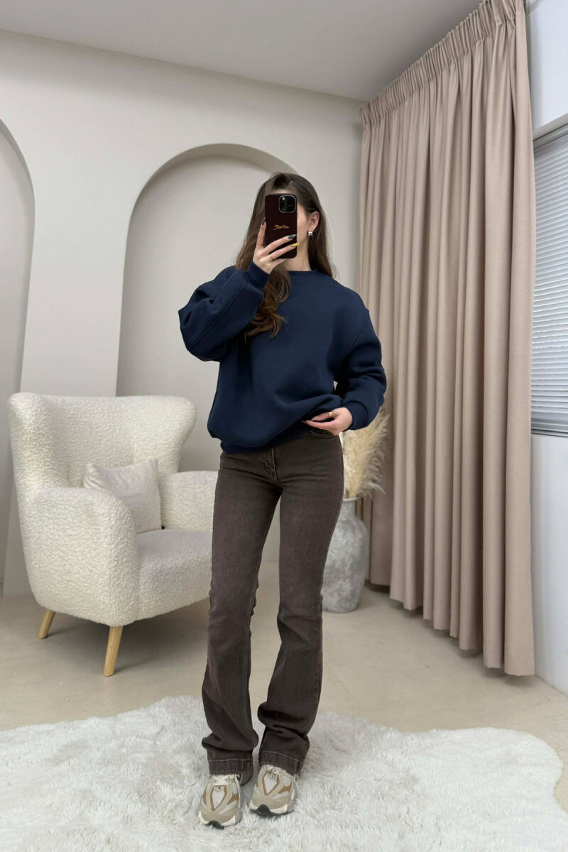 ONE COLOR FLUFFY WOMEN SWEATSHIRT DARK BLUE/BEE - 5