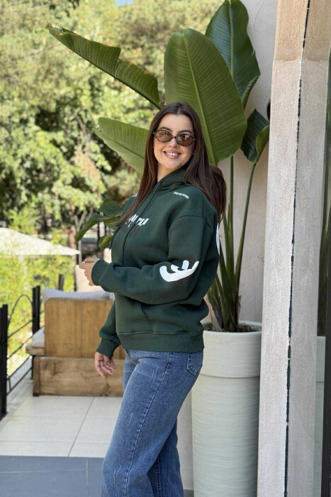 ONE COLOR FLUFFY WRITTINGS WOMEN HOODIE GREEN/JESHILE - 1