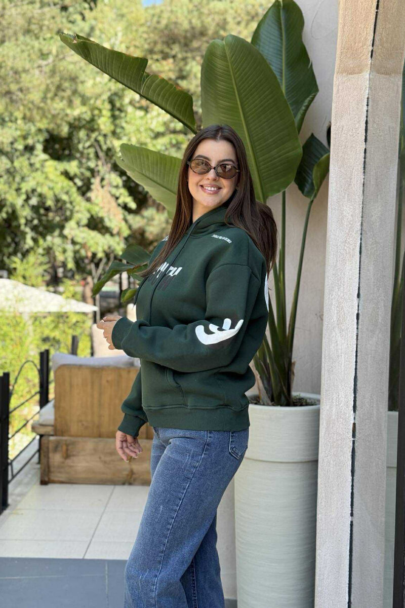 ONE COLOR FLUFFY WRITTINGS WOMEN HOODIE GREEN/JESHILE - 1
