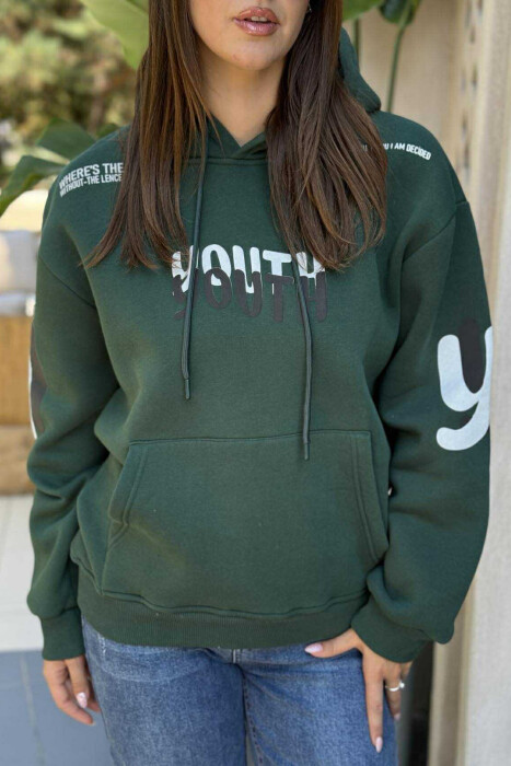 ONE COLOR FLUFFY WRITTINGS WOMEN HOODIE GREEN/JESHILE - 4