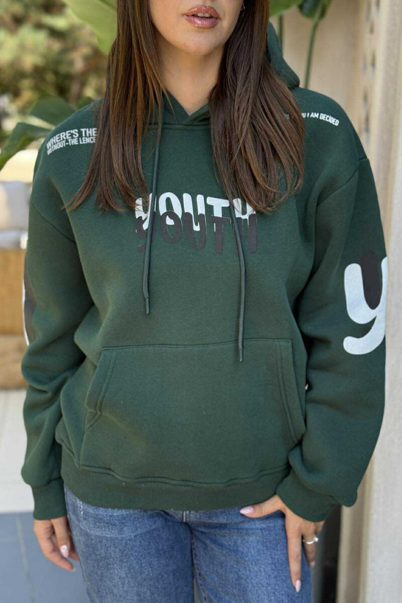 ONE COLOR FLUFFY WRITTINGS WOMEN HOODIE GREEN/JESHILE - 4