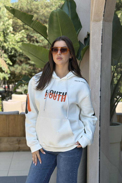 ONE COLOR FLUFFY WRITTINGS WOMEN HOODIE WHITE-E BARDHE 