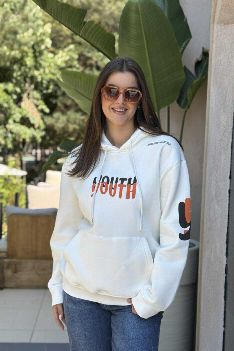 ONE COLOR FLUFFY WRITTINGS WOMEN HOODIE WHITE-E BARDHE - 2
