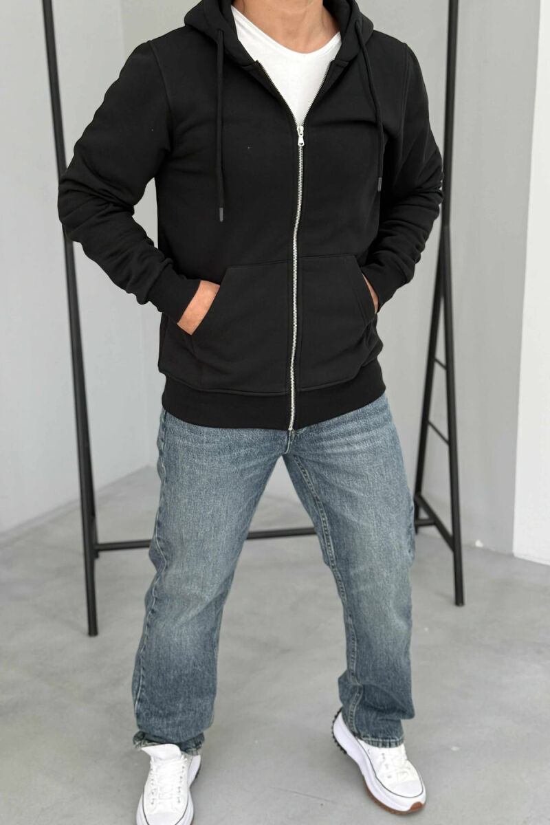 ONE COLOR FLUFFY ZIPPER HOOD MEN JACKET BLACK/ E ZEZE - 1