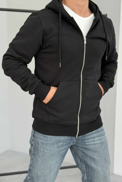 ONE COLOR FLUFFY ZIPPER HOOD MEN JACKET BLACK/ E ZEZE - 2