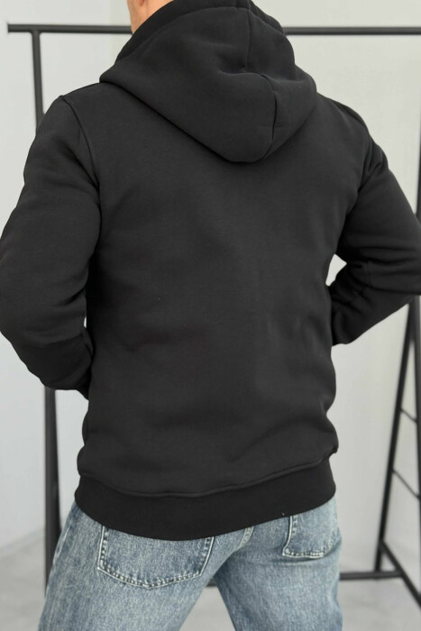 ONE COLOR FLUFFY ZIPPER HOOD MEN JACKET BLACK/ E ZEZE - 4