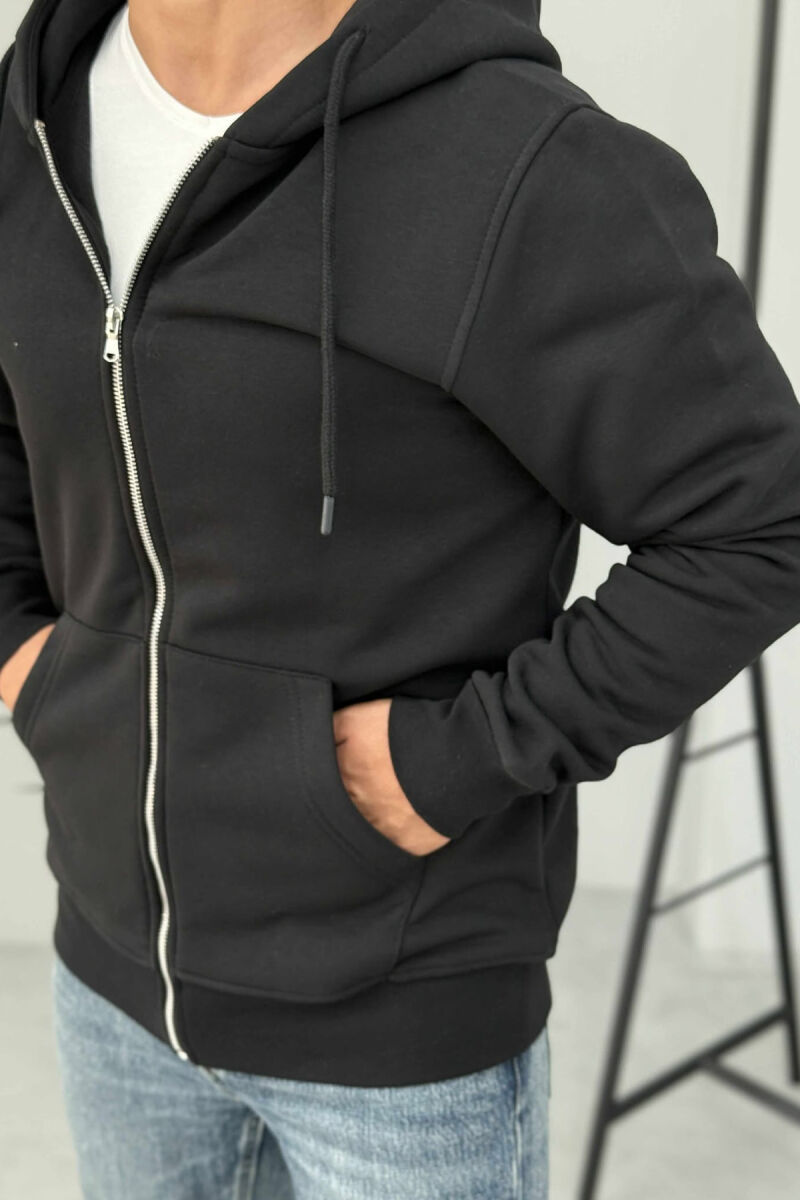 ONE COLOR FLUFFY ZIPPER HOOD MEN JACKET BLACK/ E ZEZE - 5