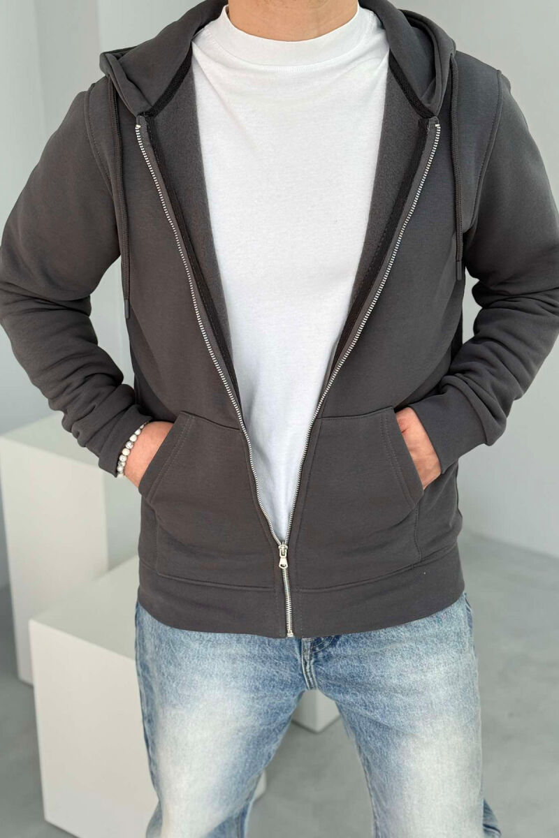 ONE COLOR FLUFFY ZIPPER HOOD MEN JACKET DARK GREY/GEE - 4