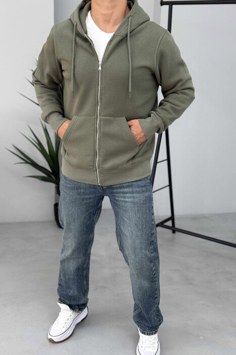 ONE COLOR FLUFFY ZIPPER HOOD MEN JACKET GREEN/JESHILE - KLAUDIO FASHION