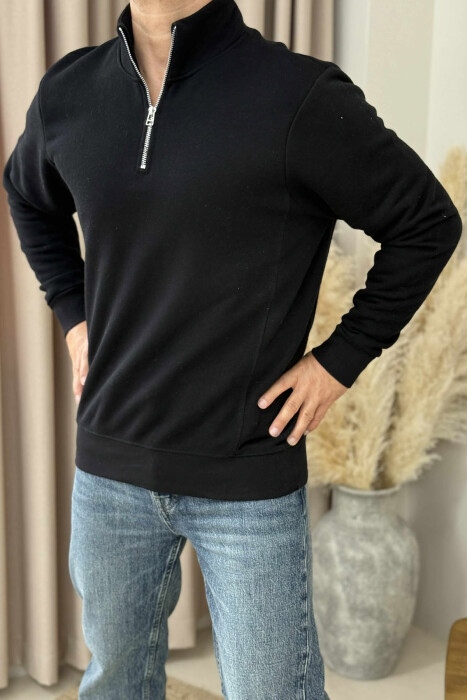 ONE COLOR FLUFFY ZIPPER NECK MEN SWEATSHIRT BLACK/ E ZEZE - KLAUDIO FASHION