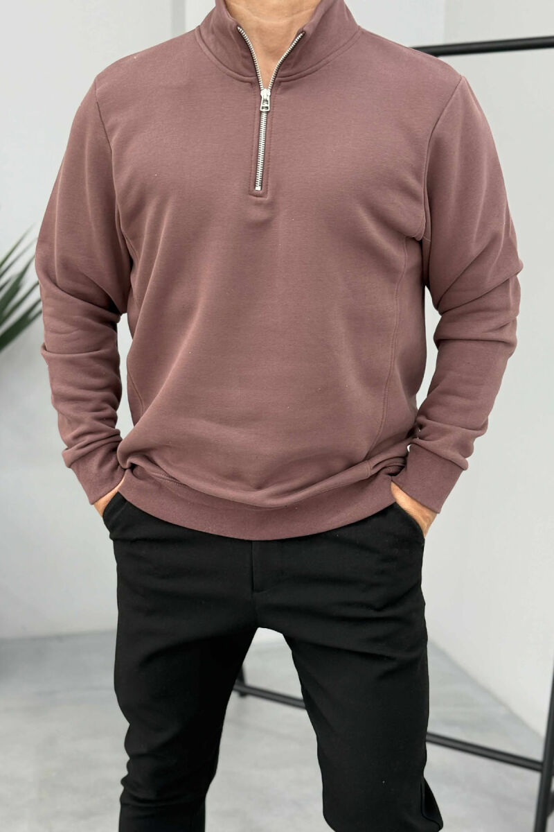 ONE COLOR FLUFFY ZIPPER NECK MEN SWEATSHIRT BROWN/KAFE - 1