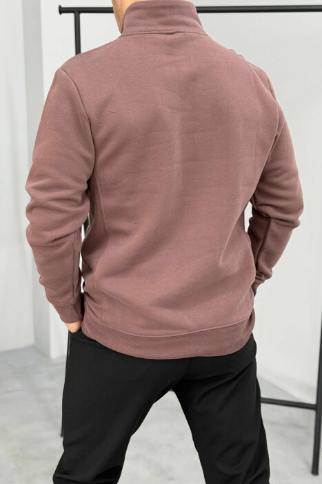 ONE COLOR FLUFFY ZIPPER NECK MEN SWEATSHIRT BROWN/KAFE - 2