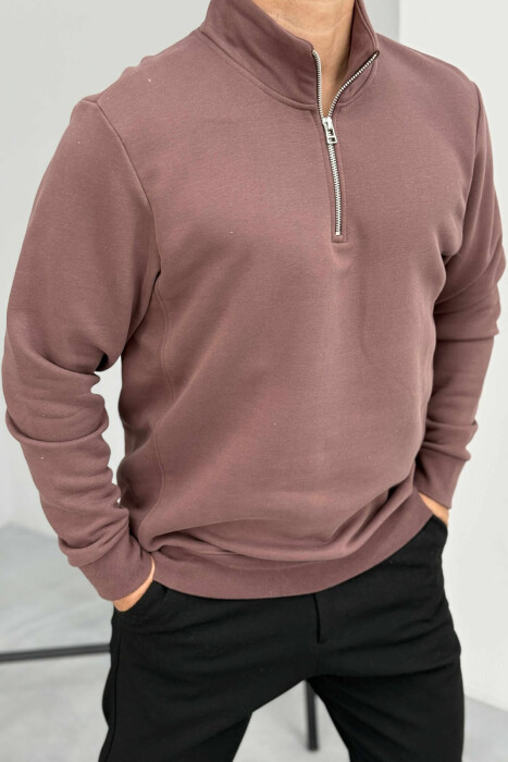 ONE COLOR FLUFFY ZIPPER NECK MEN SWEATSHIRT BROWN/KAFE - 4