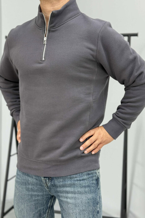 ONE COLOR FLUFFY ZIPPER NECK MEN SWEATSHIRT DARK GREY/GEE - 1
