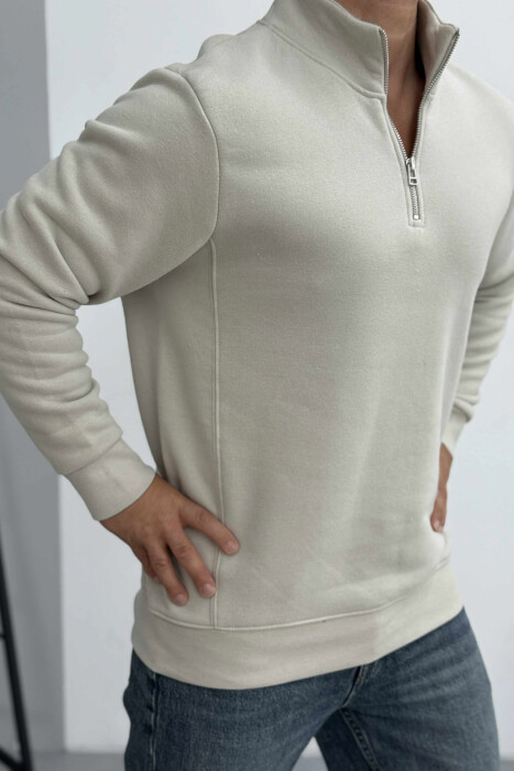 ONE COLOR FLUFFY ZIPPER NECK MEN SWEATSHIRT LIGHT GREY/GZ - 3