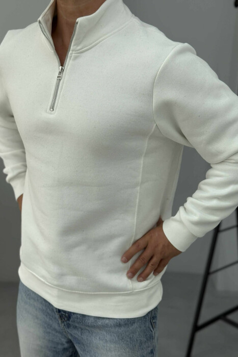 ONE COLOR FLUFFY ZIPPER NECK MEN SWEATSHIRT WHITE-E BARDHE - KLAUDIO FASHION