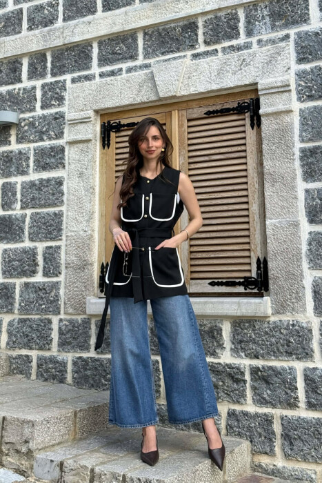 ONE COLOR FOUR FRONT POCKETS LONG WOMEN VEST BLACK/ E ZEZE - KLAUDIO FASHION