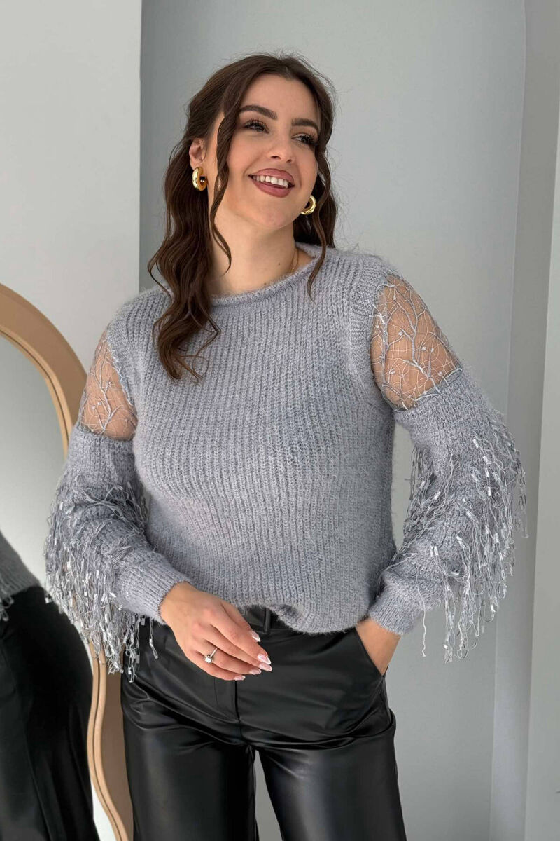 ONE COLOR FRINGE WOMEN SWEATER GREY/GRI - 1