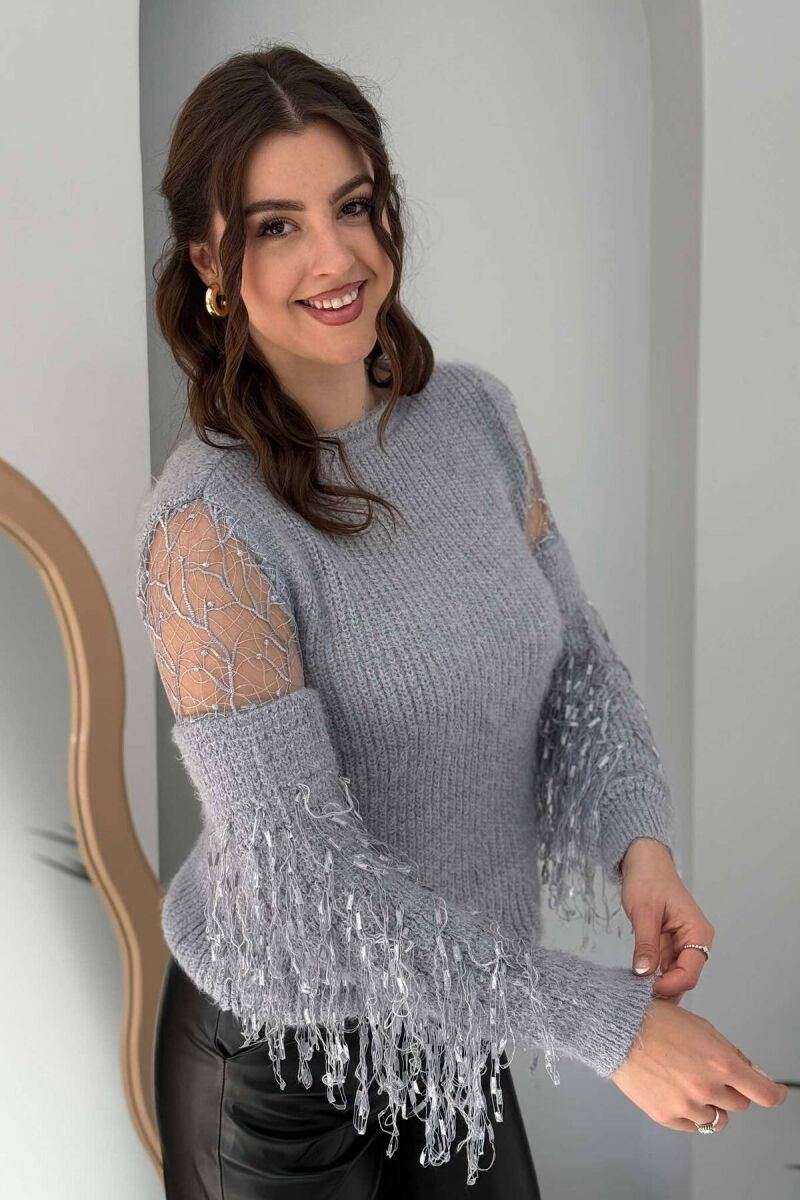 ONE COLOR FRINGE WOMEN SWEATER GREY/GRI - 5