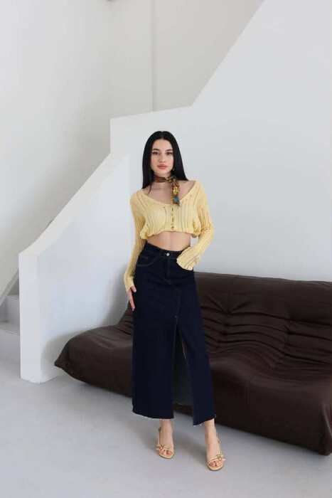 ONE COLOR FRONT CUT DENIM WOMAN SKIRT DARK BLUE/BEE - 3