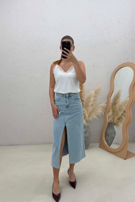 ONE COLOR FRONT CUT DENIM WOMAN SKIRT LIGHTBLUE/BZ - KLAUDIO FASHION