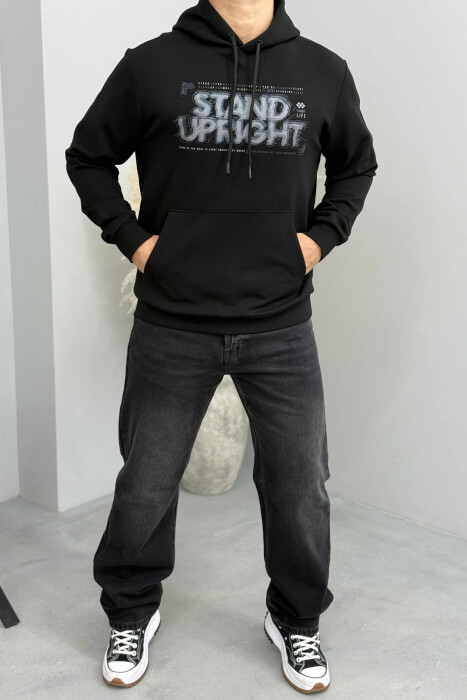 ONE COLOR FRONT DESIGN MEN HOODIE BLACK/ E ZEZE - KLAUDIO FASHION