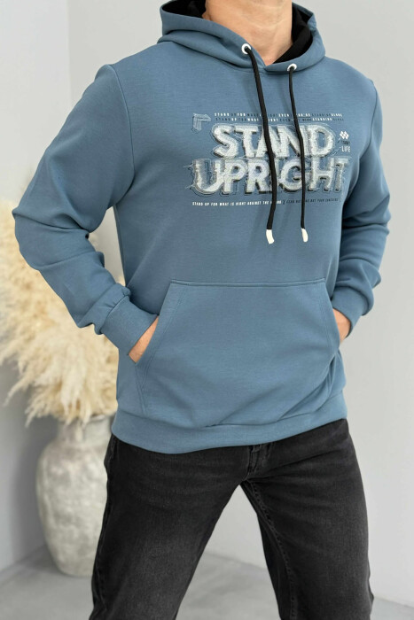 ONE COLOR FRONT DESIGN MEN HOODIE BLUE STONE/GK - KLAUDIO FASHION