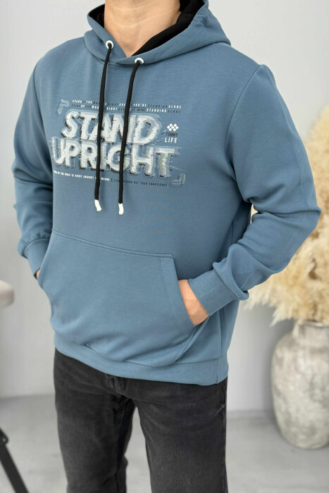 ONE COLOR FRONT DESIGN MEN HOODIE BLUE STONE/GK - 4