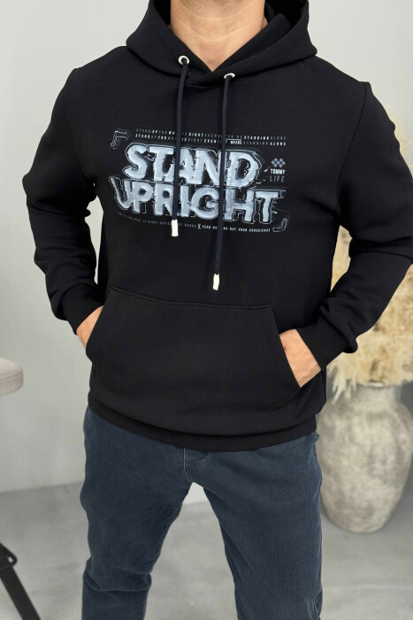 ONE COLOR FRONT DESIGN MEN HOODIE DARK BLUE/BEE - KLAUDIO FASHION