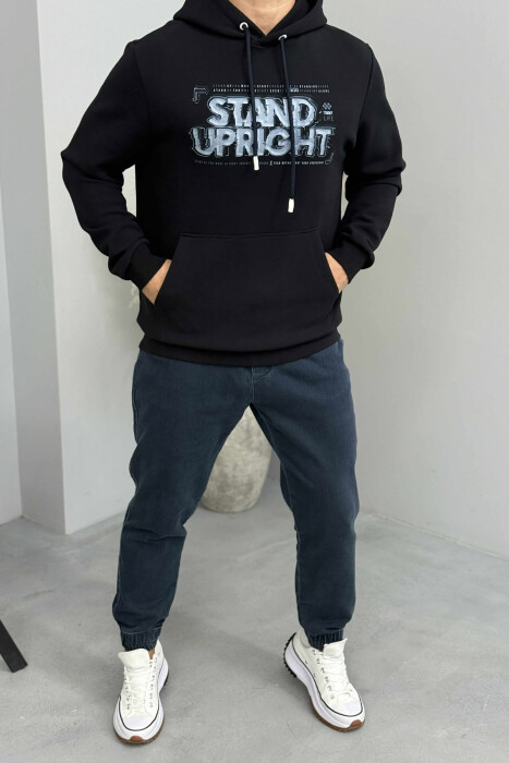 ONE COLOR FRONT DESIGN MEN HOODIE DARK BLUE/BEE - 2