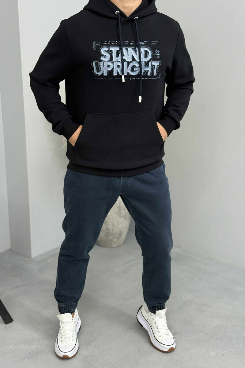 ONE COLOR FRONT DESIGN MEN HOODIE DARK BLUE/BEE - 1