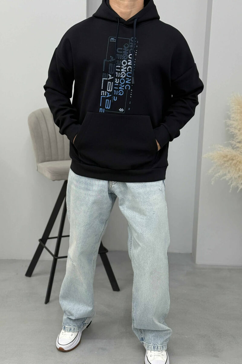 ONE COLOR FRONT DESIGN MEN HOODIE DARK BLUE/BEE - 1