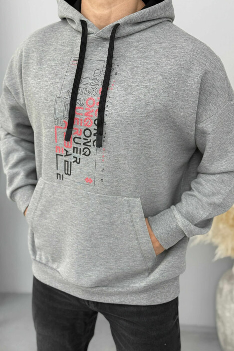 ONE COLOR FRONT DESIGN MEN HOODIE GREY/GRI - 2