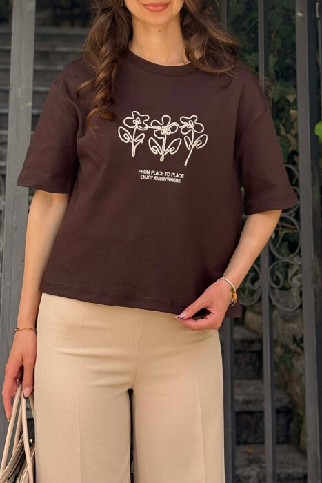 ONE COLOR FRONT DESIGN WOMAN T-SHIRT BROWN/KAFE - 3