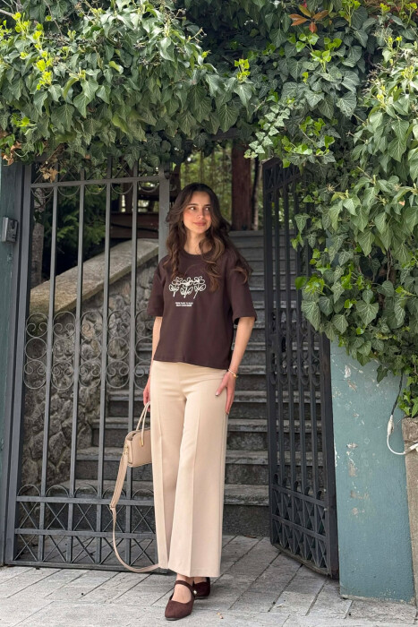 ONE COLOR FRONT DESIGN WOMAN T-SHIRT BROWN/KAFE - 5