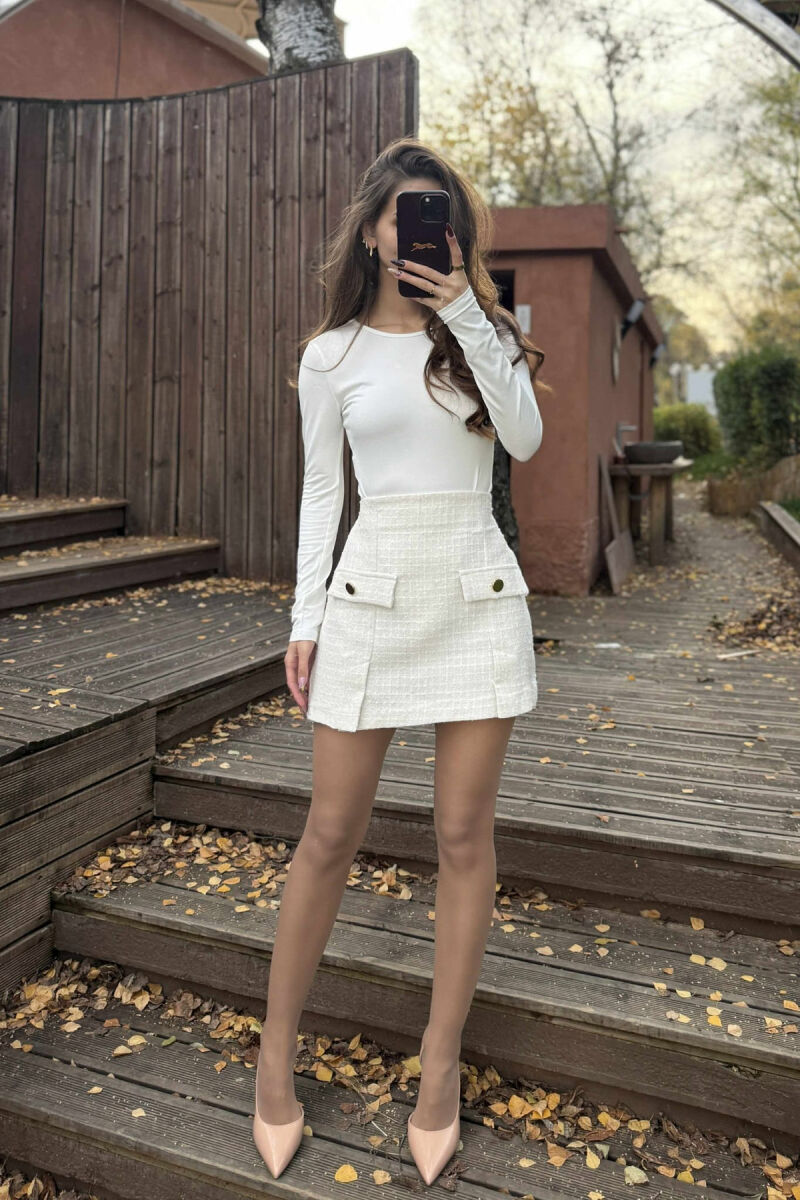 ONE COLOR FRONT FAKE POCKETS WOMEN SKIRT CREAM/KREM - 1