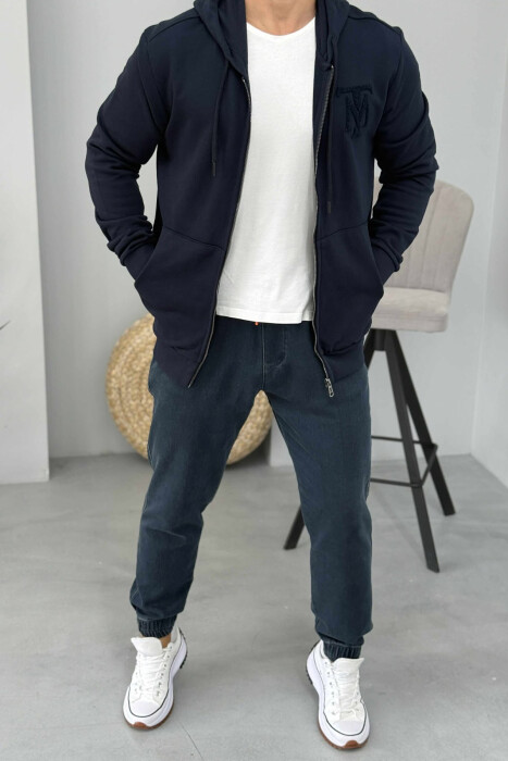 ONE COLOR FRONT LOGO MEN COTTON JACKET DARK BLUE/BEE - KLAUDIO FASHION