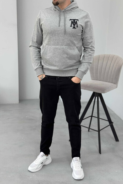 ONE COLOR FRONT LOGO SIMPLE MEN HOODIE GREY/GRI - 1