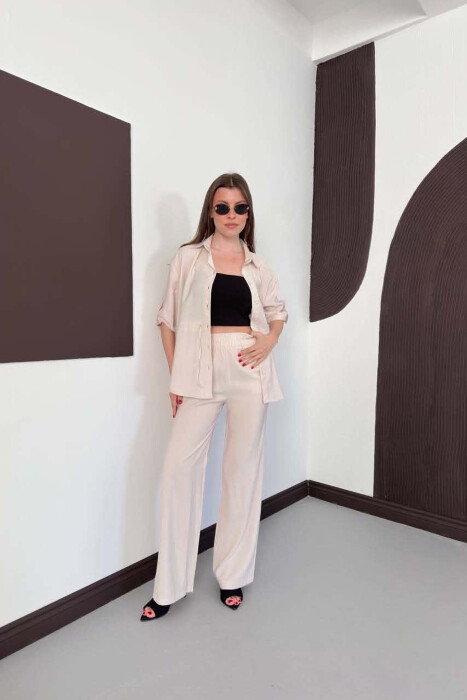ONE COLOR FRONT POCKET SHIRT + TROUSERS WOMAN SET CREAM/KREM 
