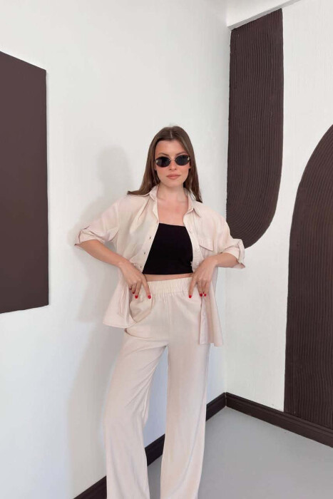 ONE COLOR FRONT POCKET SHIRT + TROUSERS WOMAN SET CREAM/KREM - 2
