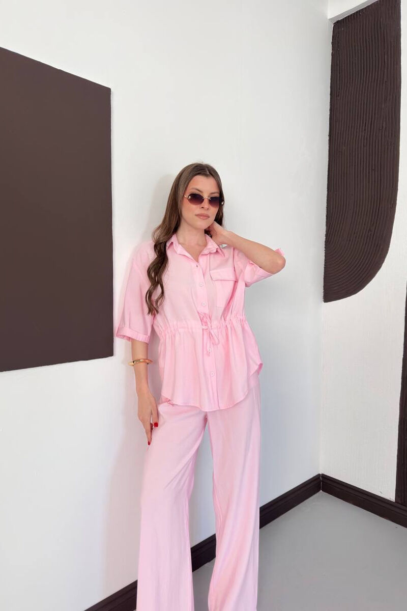 ONE COLOR FRONT POCKET SHIRT + TROUSERS WOMAN SET PINK/ROZE - 5