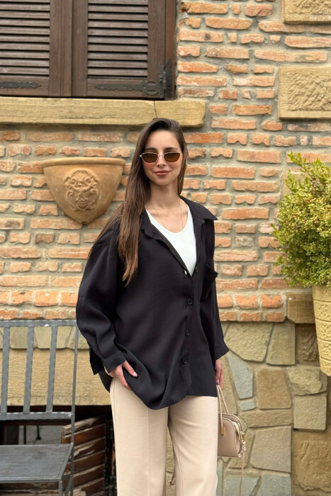 ONE COLOR FRONT POCKET WOMAN SHIRT BLACK/ E ZEZE 