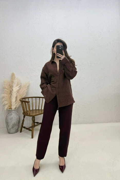 ONE COLOR FRONT POCKET WOMAN SHIRT BROWN/KAFE - 1