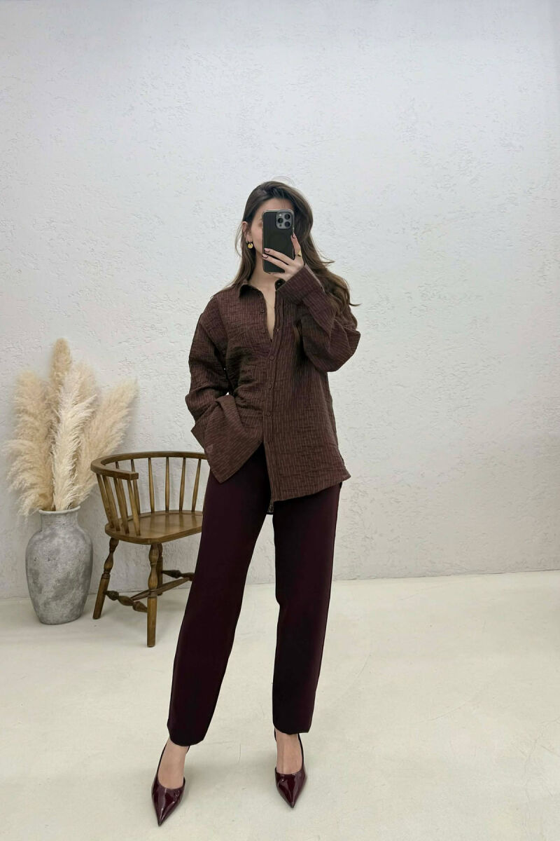 ONE COLOR FRONT POCKET WOMAN SHIRT BROWN/KAFE - 1